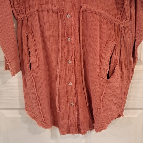 La Miel Burnt Orange Gauze Shirt Jacket Boutique Tunic Draw String Comfort Dress - Picture 6 of 9